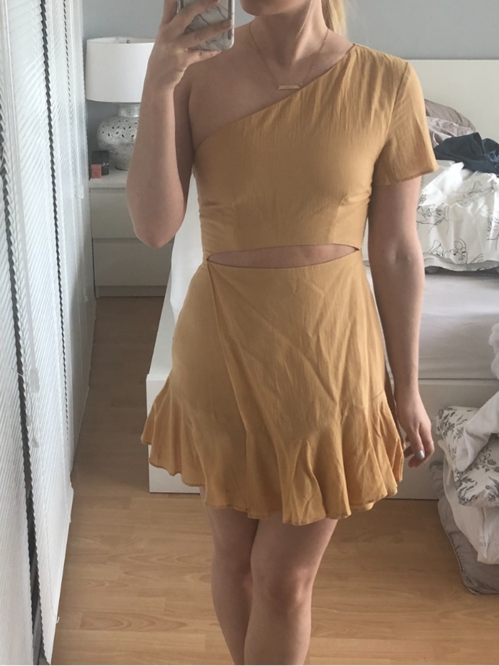 Sabo Skirt One-Shoulder Cutout Mini Dress in Mustard
